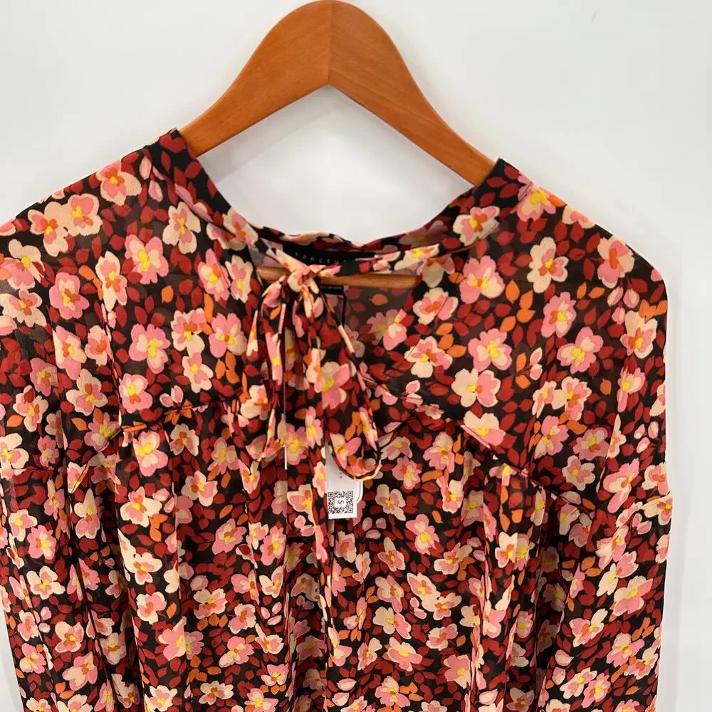 SANCTUARY NWT Tie Neck Floral Ruffle Blouse in Strawberry Fields // XL - Picture 4 of 14